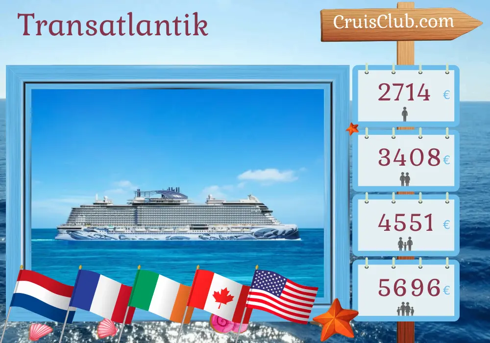 Kreuzfahrt im Transatlantik von Southampton nach New York an Bord des Norwegian Prima-Schiffs mit Stopps in den Niederlanden, Frankreich, Irland, Kanada und den USA für 15 Tage