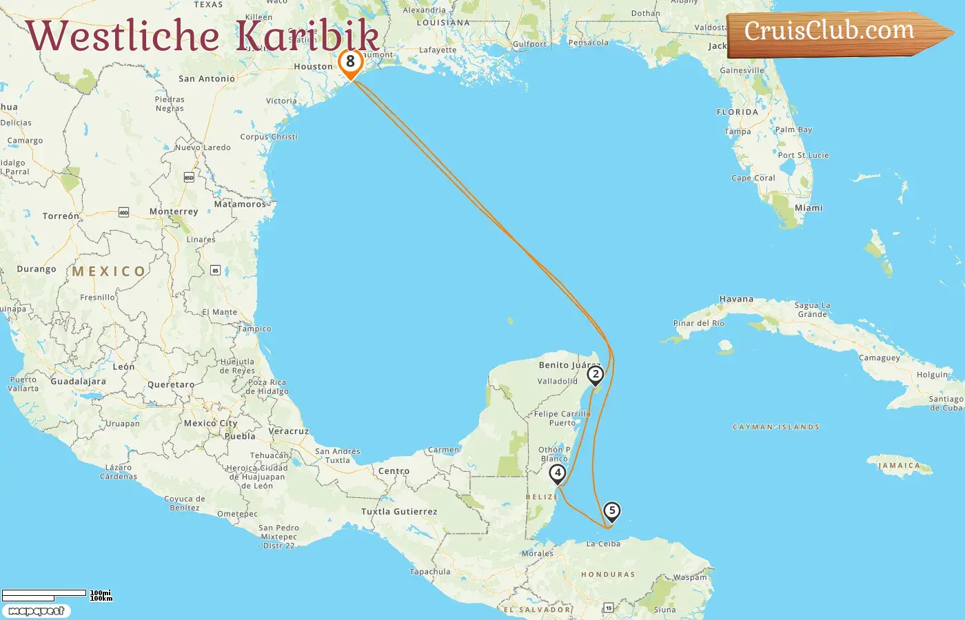 Kreuzfahrt in der westlichen Karibik ab Galveston an Bord des Schiffes Regal Princess mit Besuchen in den USA, Mexiko, Belize und Honduras für 8 Tage
