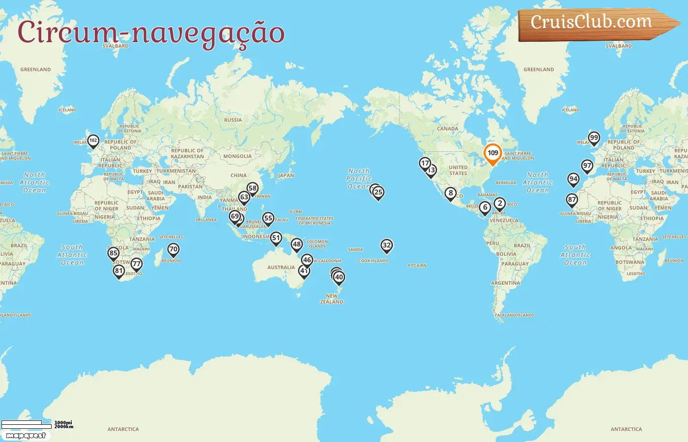 Cruzeiro de Volta ao Mundo a partir de Nova Iorque a bordo do navio Queen Mary 2 com visitas aos EUA, Curaçao, Panamá, México, Polinésia Francesa, Nova Zelândia, Austrália, Indonésia, Hong Kong, Vietnã, Singapura, Malásia, Maurício, África do Sul, Namíbia, Senegal, Espanha e França por 109 dias