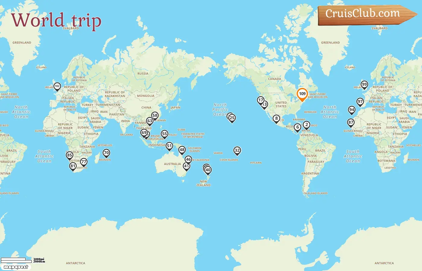 Cruise in the World trip from New York aboard Queen Mary 2 ship with visits to USA, Curaçao, Panama, Mexico, French Polynesia, New Zealand, Australia, Indonesia, Hong Kong, Viet Nam, Singapore, Malaysia, Mauritius, South Africa, Namibia, Senegal, Spain, and France for 109 days