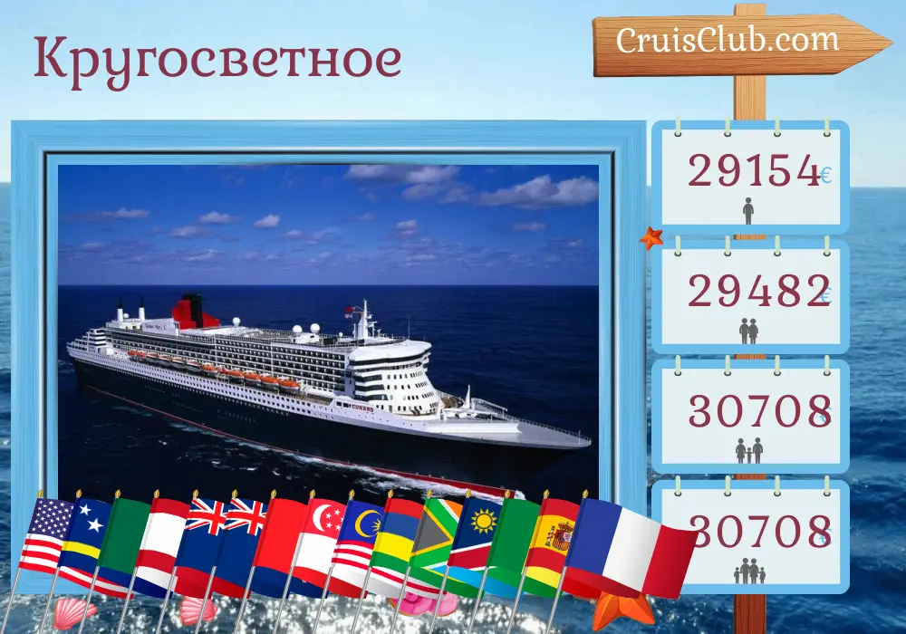 Круиз по миру из Нью-Йорка на лайнере Queen Mary 2 с посещениями США, Кюрасао, Панамы, Мексики, Французской Полинезии, Новой Зеландии, Австралии, Индонезии, Гонконга, Вьетнама, Сингапура, Малайзии, Маврикия, Южной Африки, Намибии, Сенегала, Испании и Франции в течение 109 дней