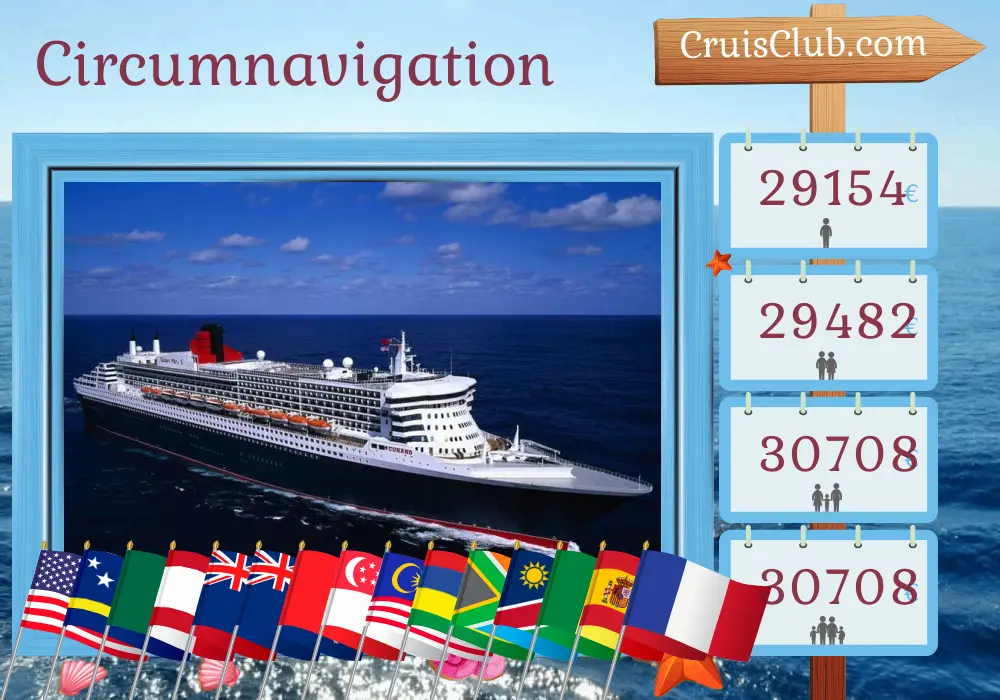 Croisière du tour du monde depuis New York à bord du Queen Mary 2 avec des visites aux États-Unis, à Curaçao, au Panama, au Mexique, en Polynésie française, en Nouvelle-Zélande, en Australie, en Indonésie, à Hong Kong, au Vietnam, à Singapour, en Malaisie, à l`île Maurice, en Afrique du Sud, en Namibie, au Sénégal, en Espagne et en France pendant 109 jours