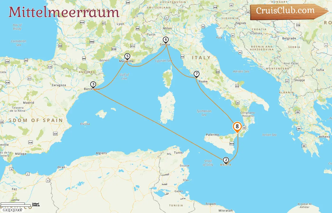 Kreuzfahrt im Mittelmeer von Messina an Bord des Schiffes MSC World Asia mit Besuchen in Italien, Malta, Spanien und Frankreich für 8 Tage