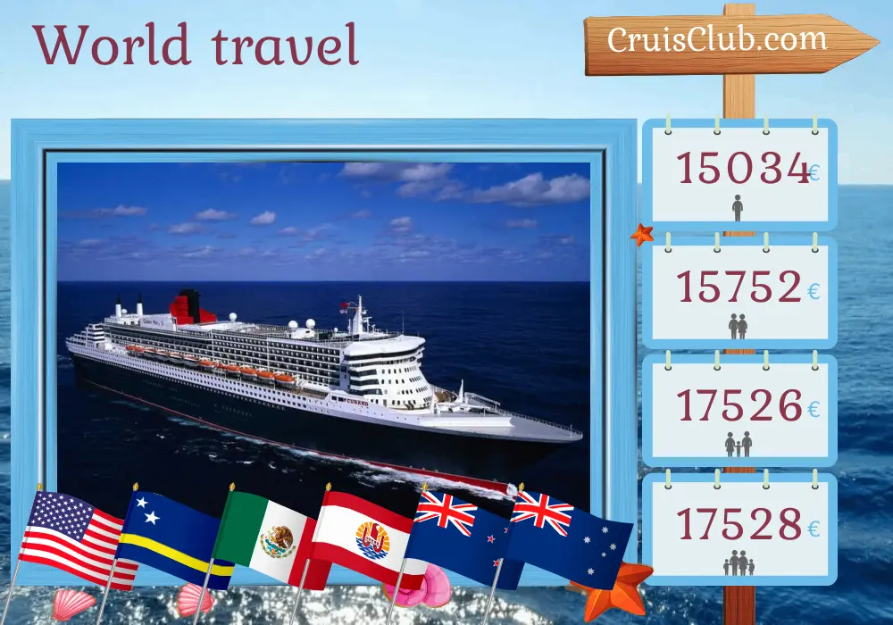 Weltreise-Kreuzfahrt von New York nach Sydney an Bord des Schiffes Queen Mary 2 mit Stopps in den USA, Curaçao, Panama, Mexiko, Französisch-Polynesien, Neuseeland und Australien für 44 Tage