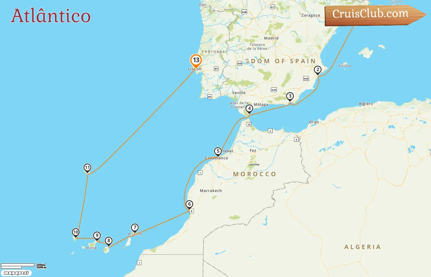 Cruzeiro no Atlântico de Barcelona a Lisboa a bordo do navio Oceania Sirena com visitas à Espanha, Gibraltar e Marrocos por 13 dias