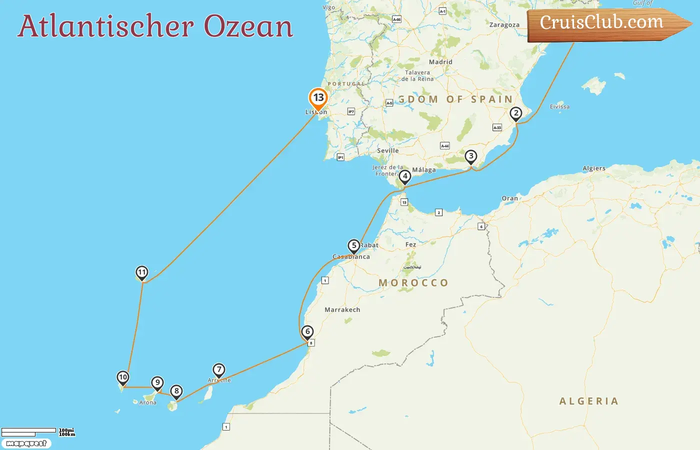 Kreuzfahrt im Atlantik von Barcelona nach Lissabon an Bord des Schiffes Oceania Sirena mit Stopps in Spanien, Gibraltar und Marokko für 13 Tage