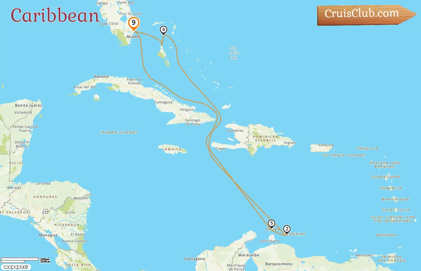 Cruise in the Caribbean from Fort Lauderdale aboard Legend of the Seas ship with visits to USA, Curaçao, Aruba, and Bahamas for 9 days