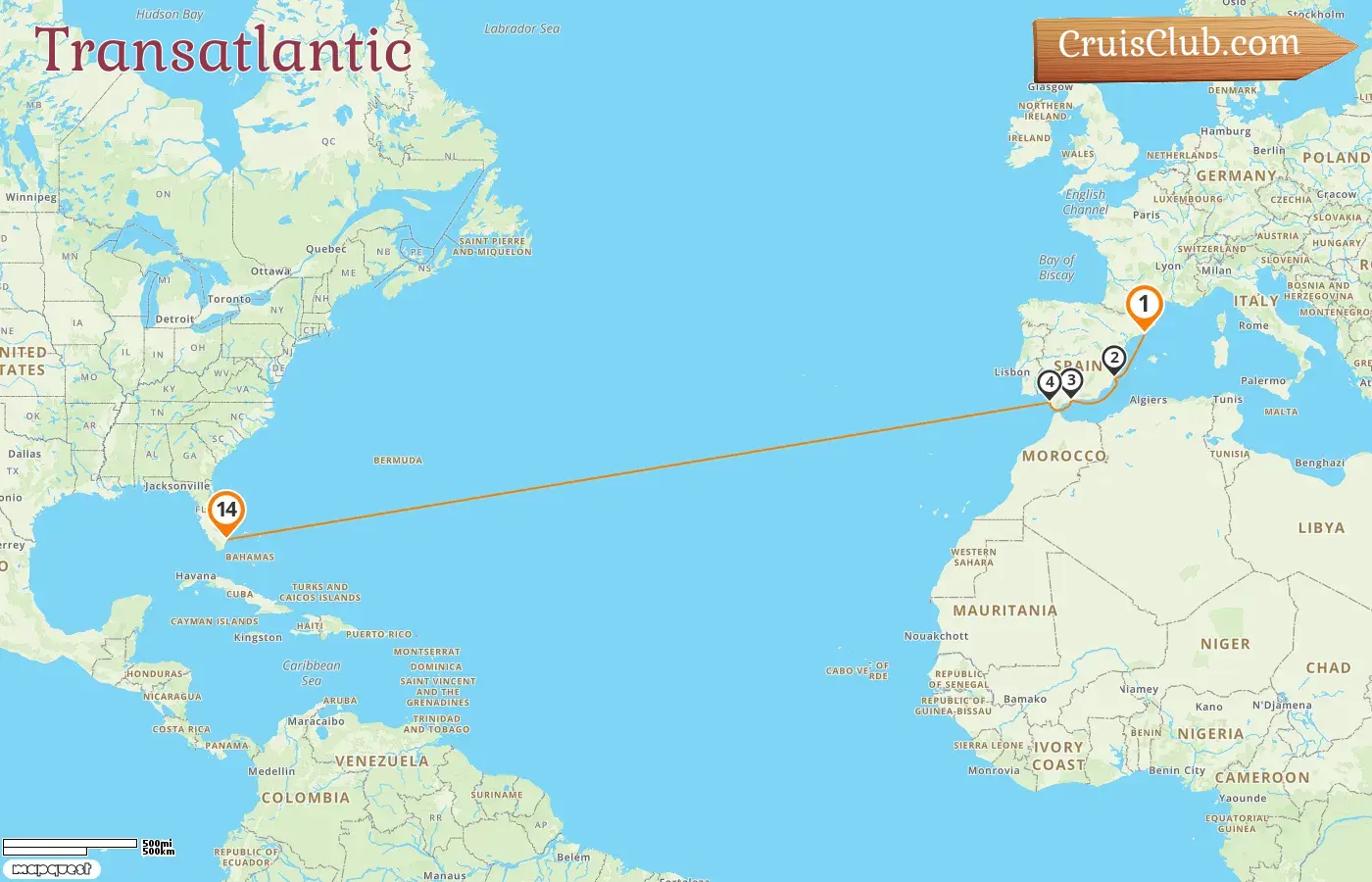 Cruise in the Transatlantic from Barcelona to Fort Lauderdale aboard Legend of the Seas ship with visits to Spain and USA for 14 days