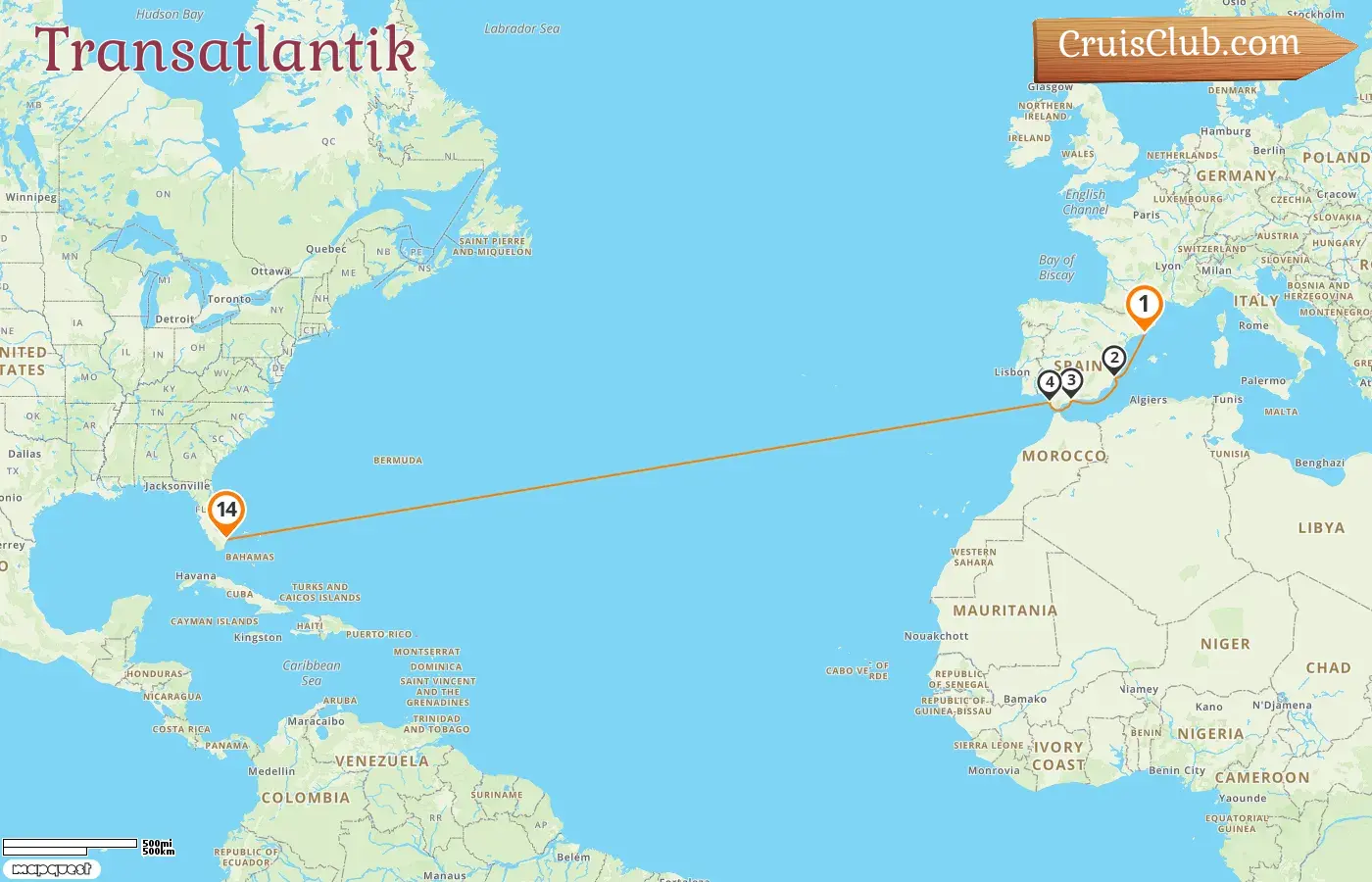 Transatlantik-Kreuzfahrt von Barcelona nach Fort Lauderdale an Bord des Schiffes Legend of the Seas mit Stopps in Spanien und den USA für 14 Tage