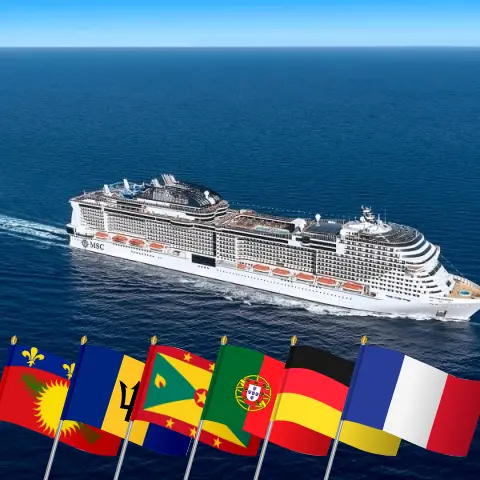 Kreuzfahrt über den Atlantik von Fort-de-France nach Southampton an Bord des MSC Virtuosa Schiffes mit Stopps in Guadeloupe, Barbados, St. Vincent und die Grenadinen, Grenada, Portugal, Deutschland und Frankreich für 24 Tage