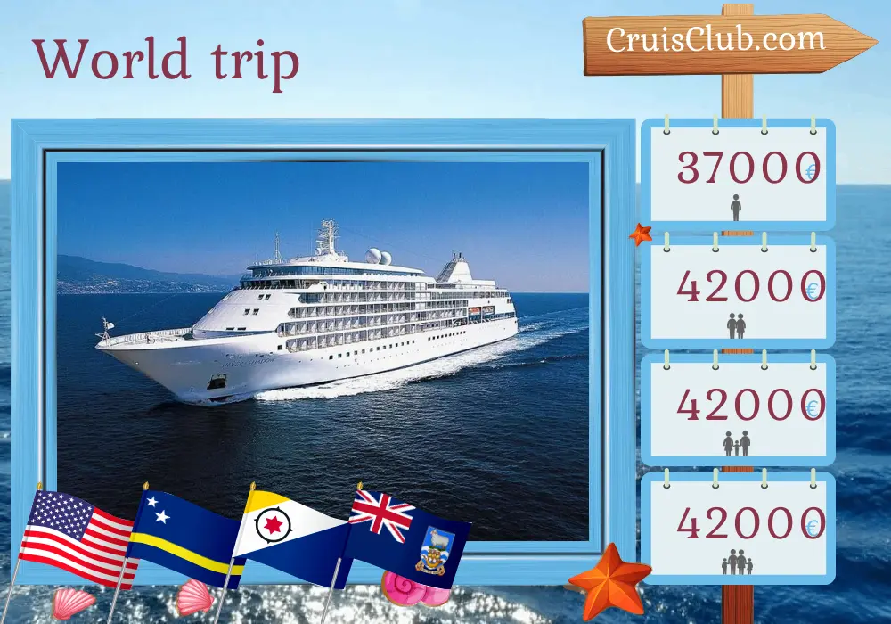 Cruise in the World trip from Miami to Buenos Aires aboard Silver Shadow ship with visits to USA, British Virgin Islands, Saint Barthélemy, Curaçao, Colombia, Panama, Ecuador, Peru, Chile, Argentina, and Falkland Islands for 42 days