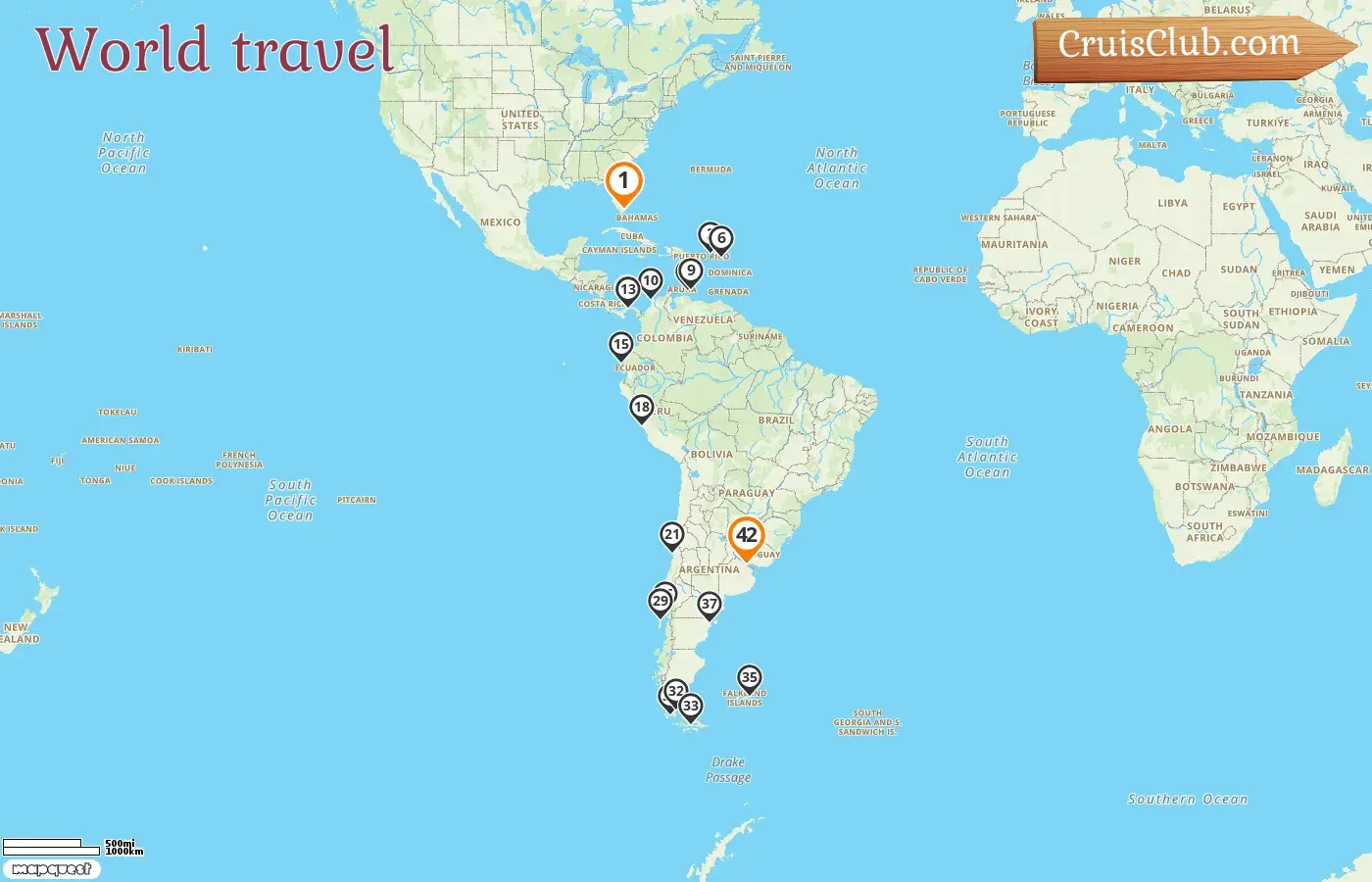 Kreuzfahrt auf der Weltreise von Miami nach Buenos Aires an Bord des Schiffes Silver Shadow mit Stopps in den USA, den Britischen Jungferninseln, Saint-Barthélemy, Curaçao, Kolumbien, Panama, Ecuador, Peru, Chile, Argentinien und den Falklandinseln für 42 Tage