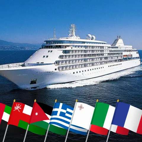 Kreuzfahrt im Suezkanal von Dubai nach Nizza an Bord des Schiffes Silver Shadow mit Besuchen in den Vereinigten Arabischen Emiraten, Oman, Jordanien, Ägypten, Griechenland, Malta, Italien und Frankreich für 28 Tage