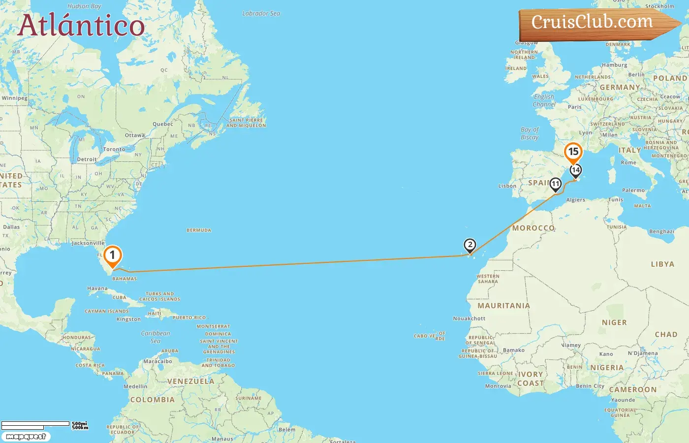 Crucero Transatlántico de Fort Lauderdale a Barcelona a bordo del barco Sun Princess con visitas a Estados Unidos y España durante 15 días