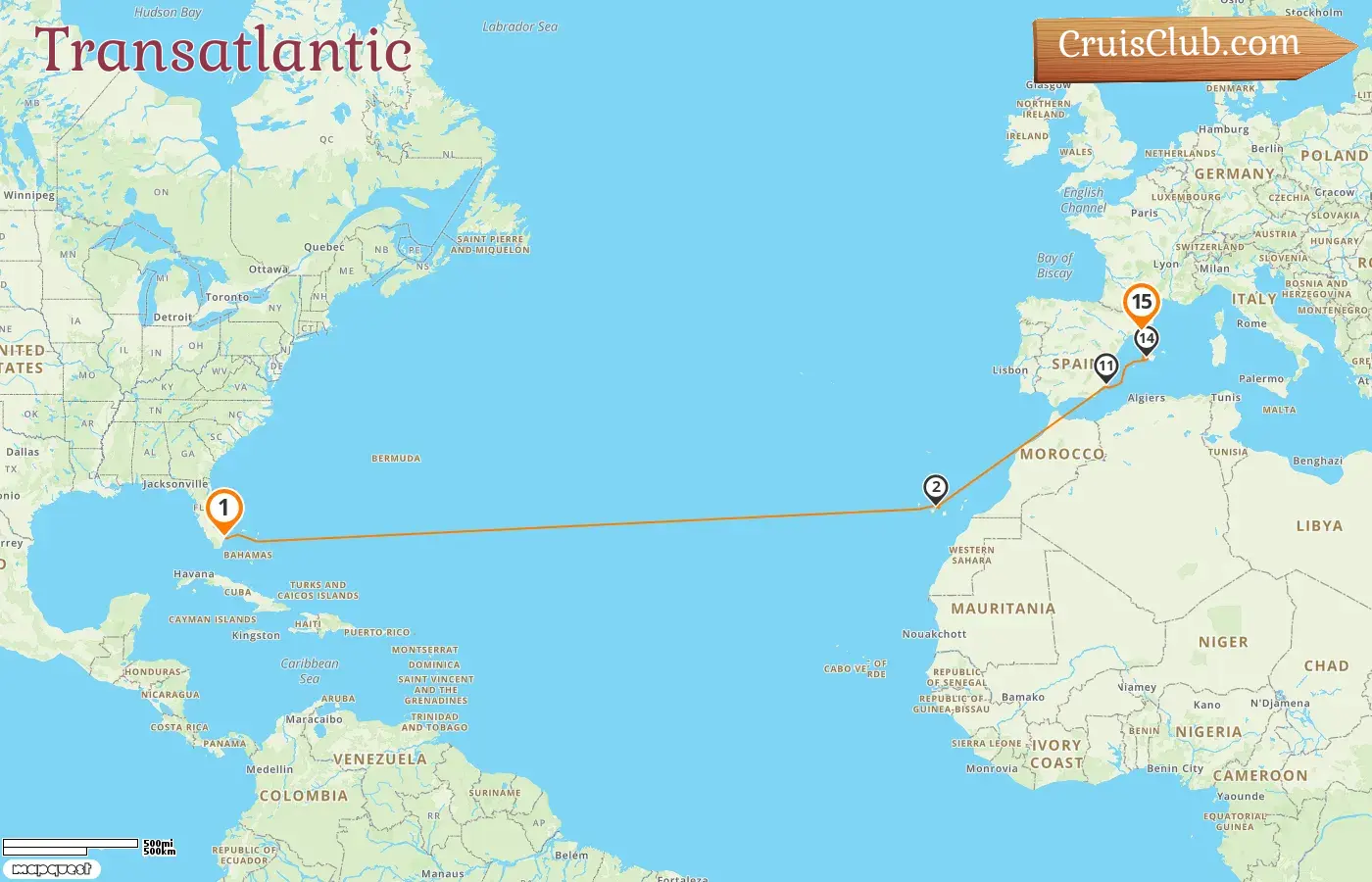 Cruise in the Transatlantic from Fort Lauderdale to Barcelona aboard Sun Princess ship with visits to USA and Spain for 15 days