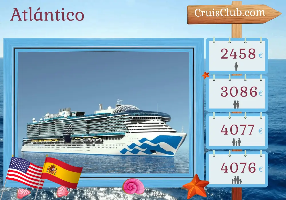 Crucero Transatlántico de Fort Lauderdale a Barcelona a bordo del barco Sun Princess con visitas a Estados Unidos y España durante 15 días