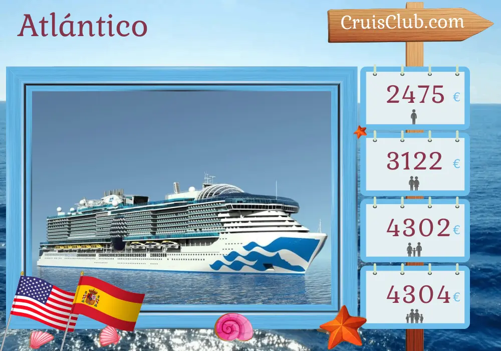 Crucero Transatlántico de Fort Lauderdale a Barcelona a bordo del barco Sun Princess con visitas a Estados Unidos y España durante 15 días