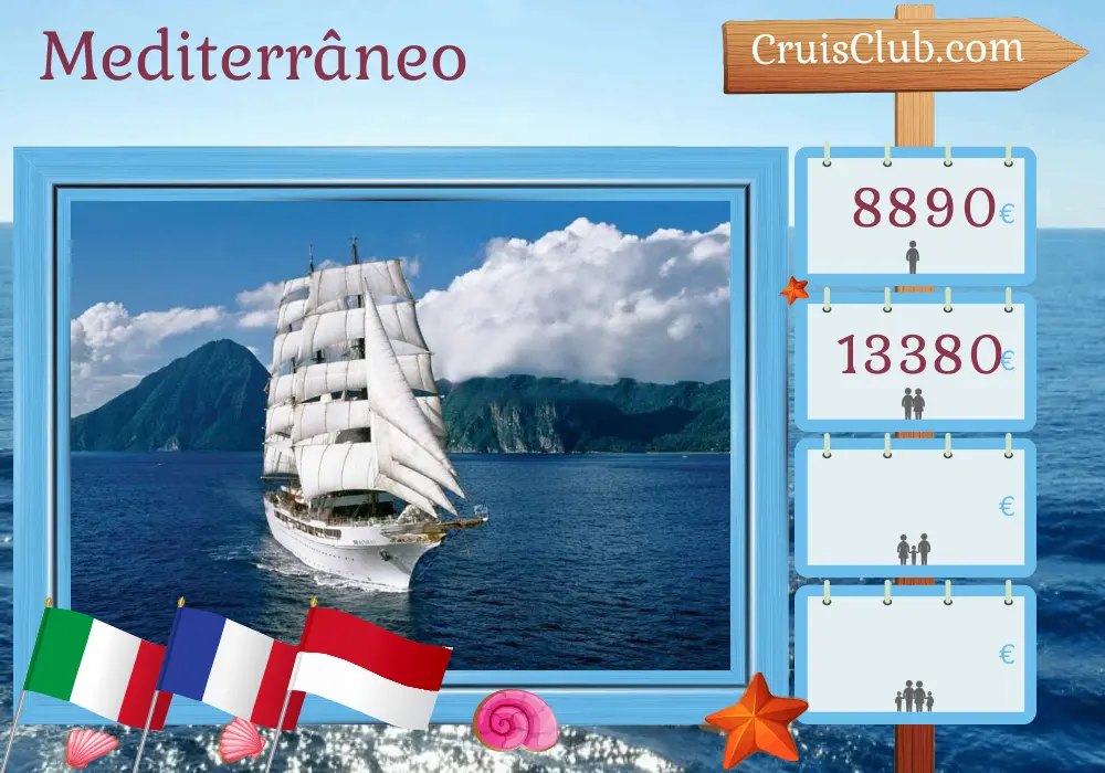 Cruzeiro no Mediterrâneo de Livorno a Nice a bordo do navio Sea Cloud II com visitas à Itália, França e Mônaco durante 10 dias