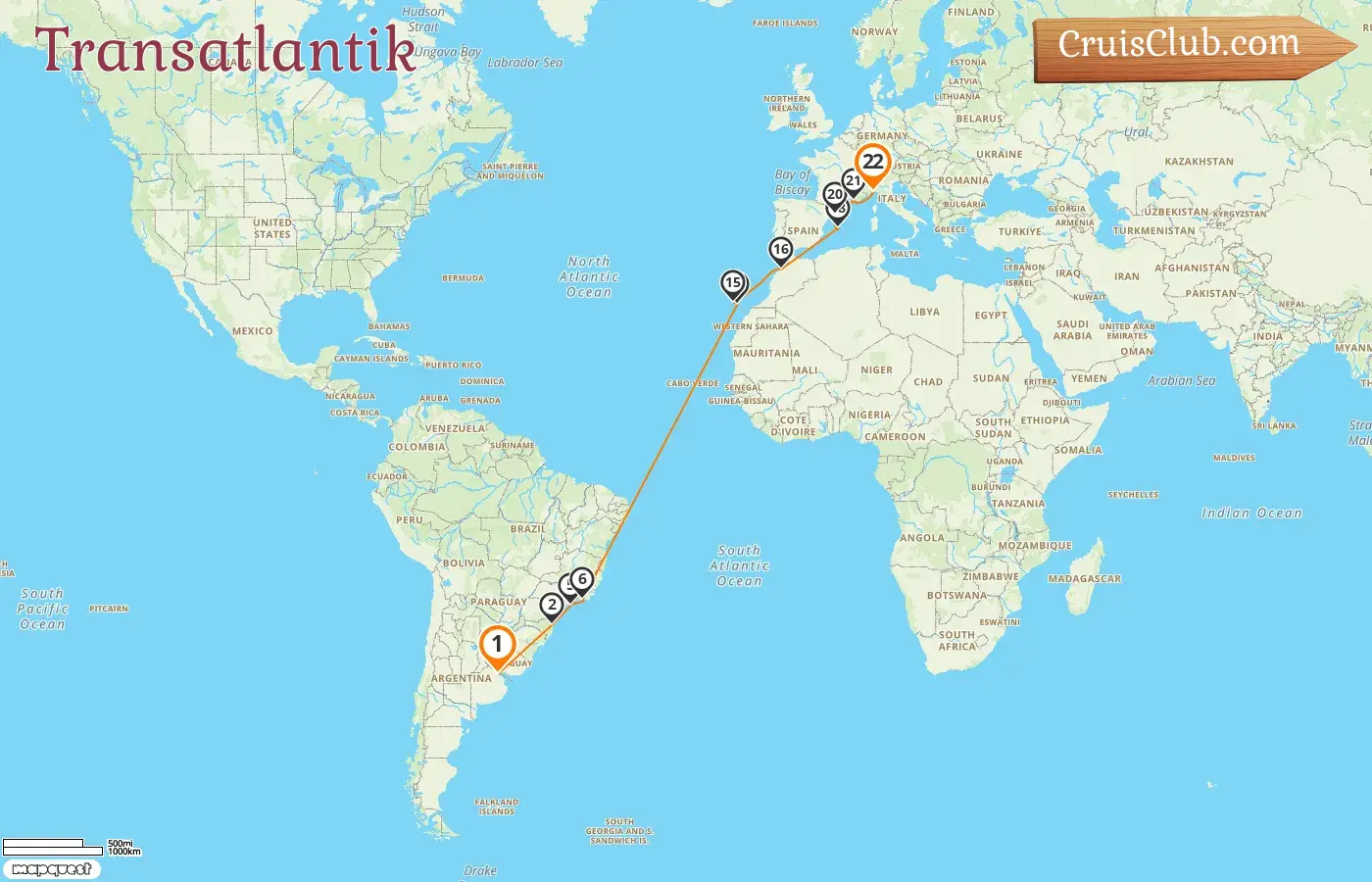 Kreuzfahrt auf dem Tranatlantik von Buenos Aires nach Genua an Bord des MSC Fantasia Schiffes mit Besuchen in Argentinien, Brasilien, Spanien, Marokko, Frankreich und Italien für 22 Tage