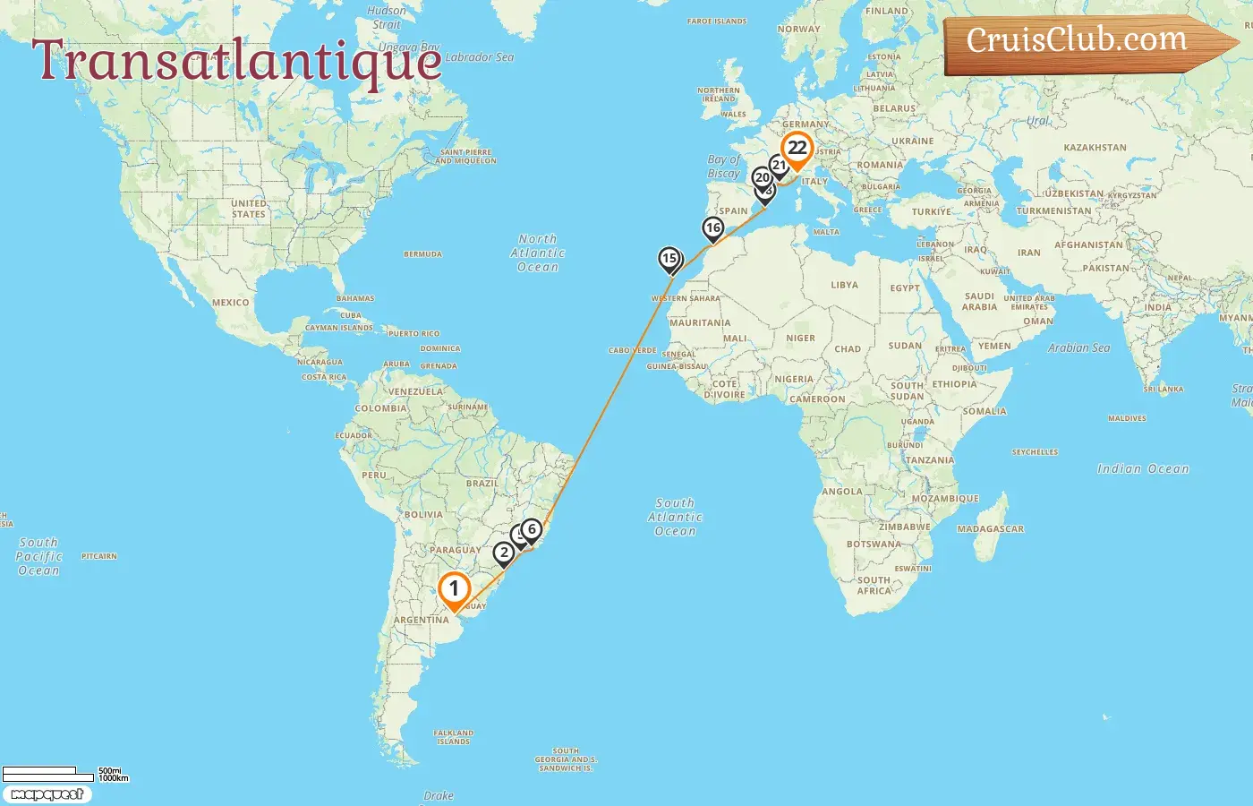 Croisière transatlantique de Buenos Aires à Gênes à bord du navire MSC Fantasia avec escales en Argentine, au Brésil, en Espagne, au Maroc, en France et en Italie pendant 22 jours