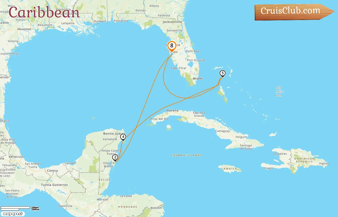 Cruise in the Caribbean from Tampa aboard Rhapsody of the Seas ship with visits to USA, Mexico, and Bahamas for 8 days