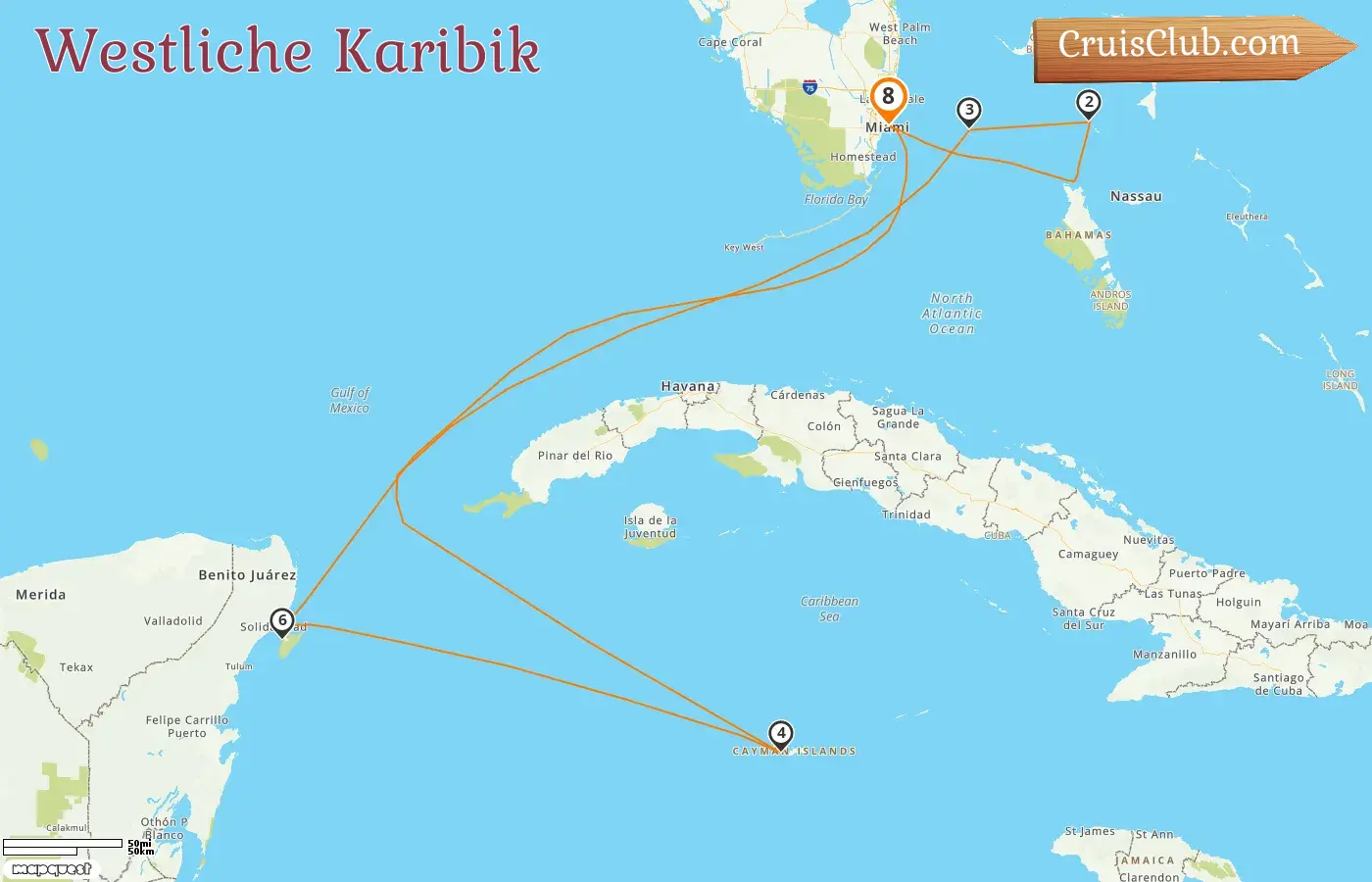 Kreuzfahrt in der westlichen Karibik ab Miami an Bord des Schiffs Independence of the Seas mit Besuchen in den USA, den Bahamas, den Kaimaninseln und Mexiko für 8 Tage