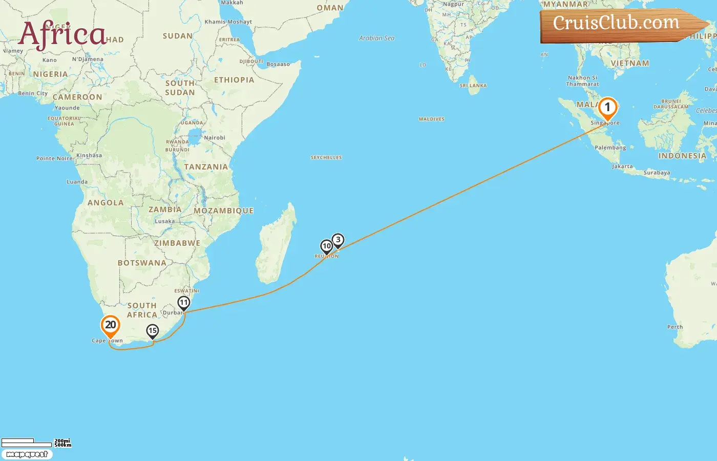 Cruise in the Africa from Singapore to Cape Town aboard Queen Victoria ship with visits to Singapore, Mauritius, Réunion, and South Africa for 20 days