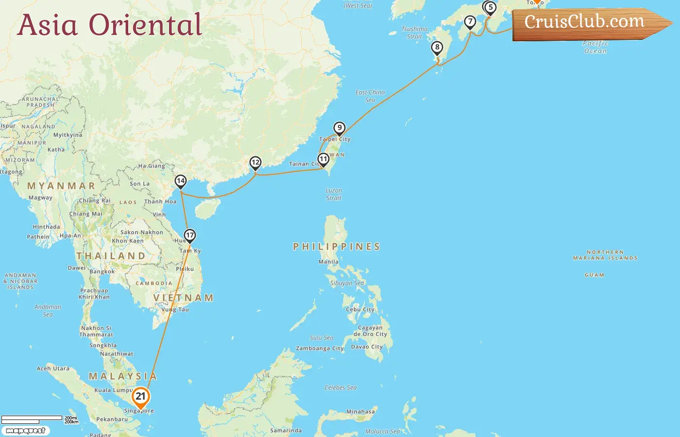 Crucero por el este de Asia de Yokohama a Singapur a bordo del barco AIDAstella con visitas a Japón, Taiwán, Hong Kong, Viet Nam y Singapur durante 21 días