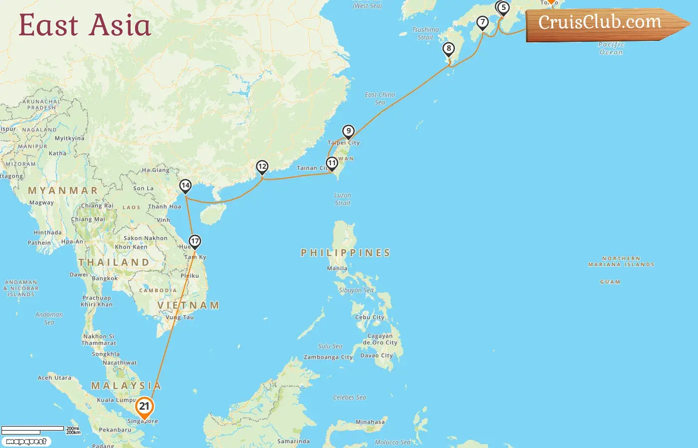 Kreuzfahrt in Ostasien von Yokohama nach Singapur an Bord des Schiffes AIDAstella mit Besuchen in Japan, Taiwan, Hongkong, Vietnam und Singapur für 21 Tage