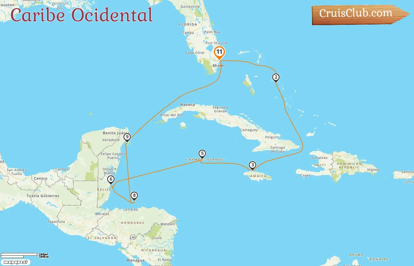 Cruzeiro no Caribe Ocidental a partir de Fort Lauderdale a bordo do navio Koningsdam com visitas aos EUA, Bahamas, Jamaica, Ilhas Cayman, Belize, Honduras e México por 11 dias