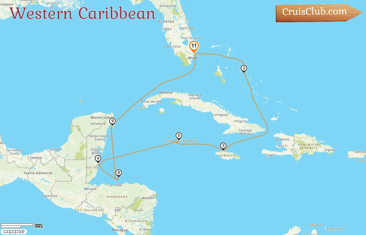 Cruise in the Western Caribbean from Fort Lauderdale aboard Koningsdam ship with visits to USA, Bahamas, Jamaica, Cayman Islands, Belize, Honduras, and Mexico for 11 days