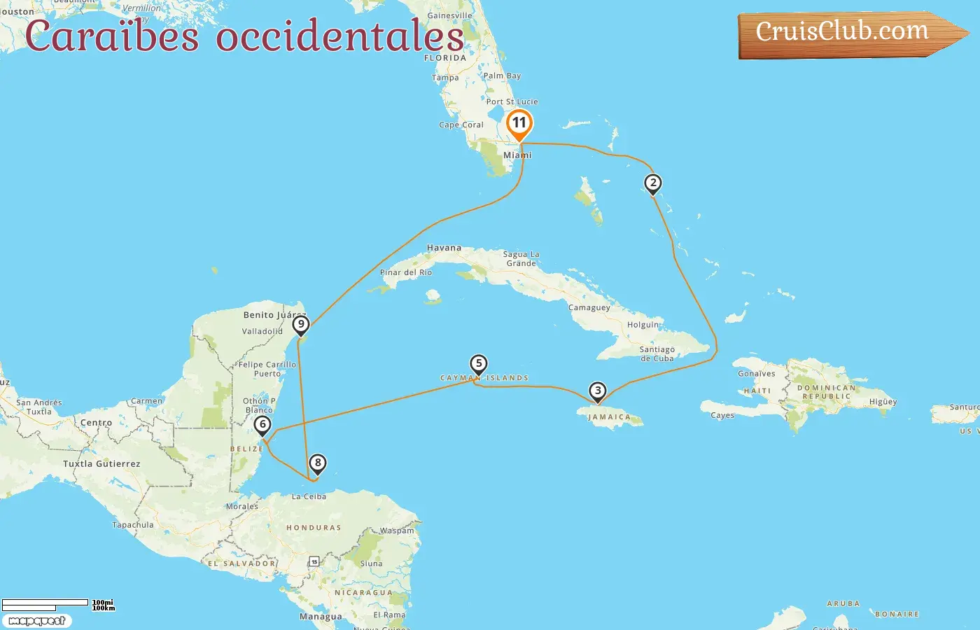 Croisière dans les Caraïbes occidentales au départ de Fort Lauderdale à bord du navire Koningsdam avec escales aux États-Unis, aux Bahamas, en Jamaïque, aux îles Caïmans, au Belize, au Honduras et au Mexique pendant 11 jours