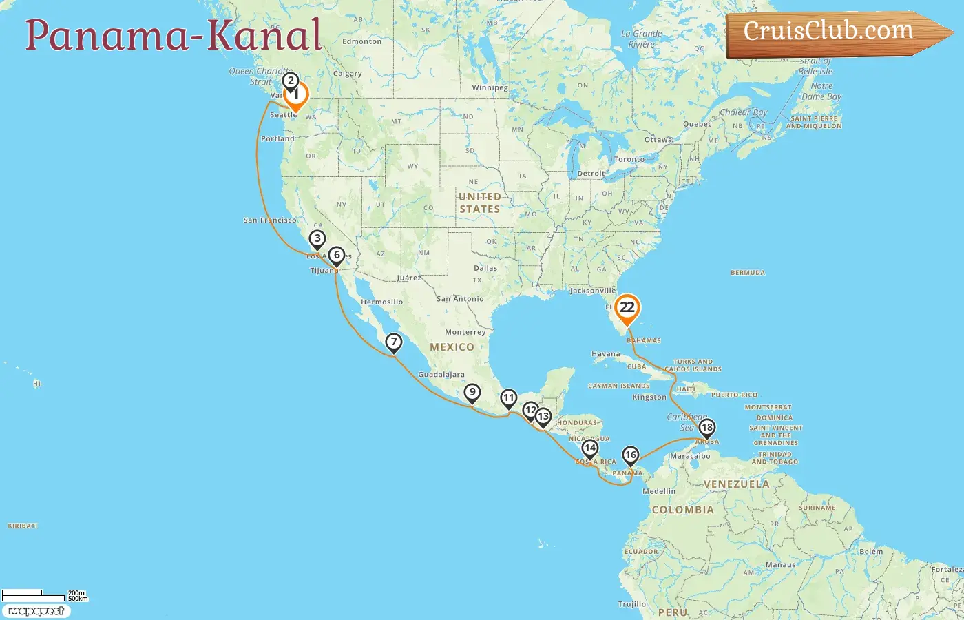 Kreuzfahrt im Panamakanal von Seattle nach Fort Lauderdale an Bord des Schiffes Eurodam mit Besuchen in den USA, Kanada, Mexiko, Guatemala, Costa Rica, Panama und Aruba für 22 Tage