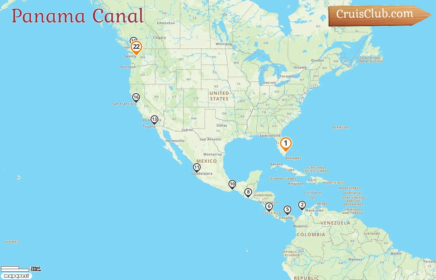 Cruise in the Panama Canal from Fort Lauderdale to Seattle aboard Eurodam ship with visits to USA, Colombia, Panama, Costa Rica, Guatemala, Mexico, and Canada for 22 days