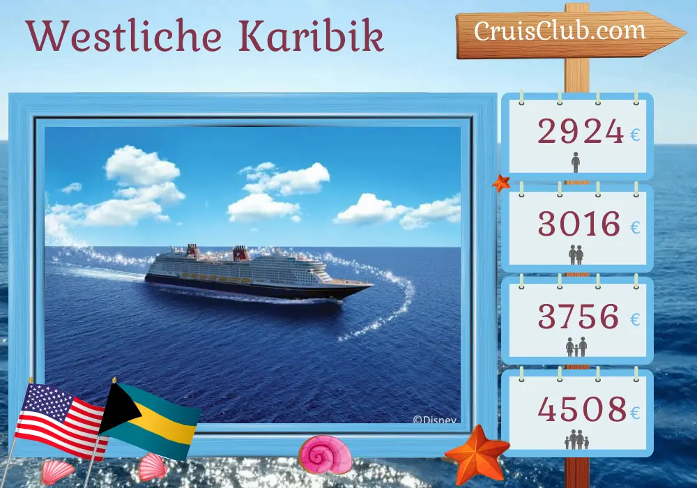 Kreuzfahrt in der westlichen Karibik ab Port Canaveral / Orlando an Bord des Schiffes Disney Wish mit Besuchen in den USA und den Bahamas für 5 Tage
