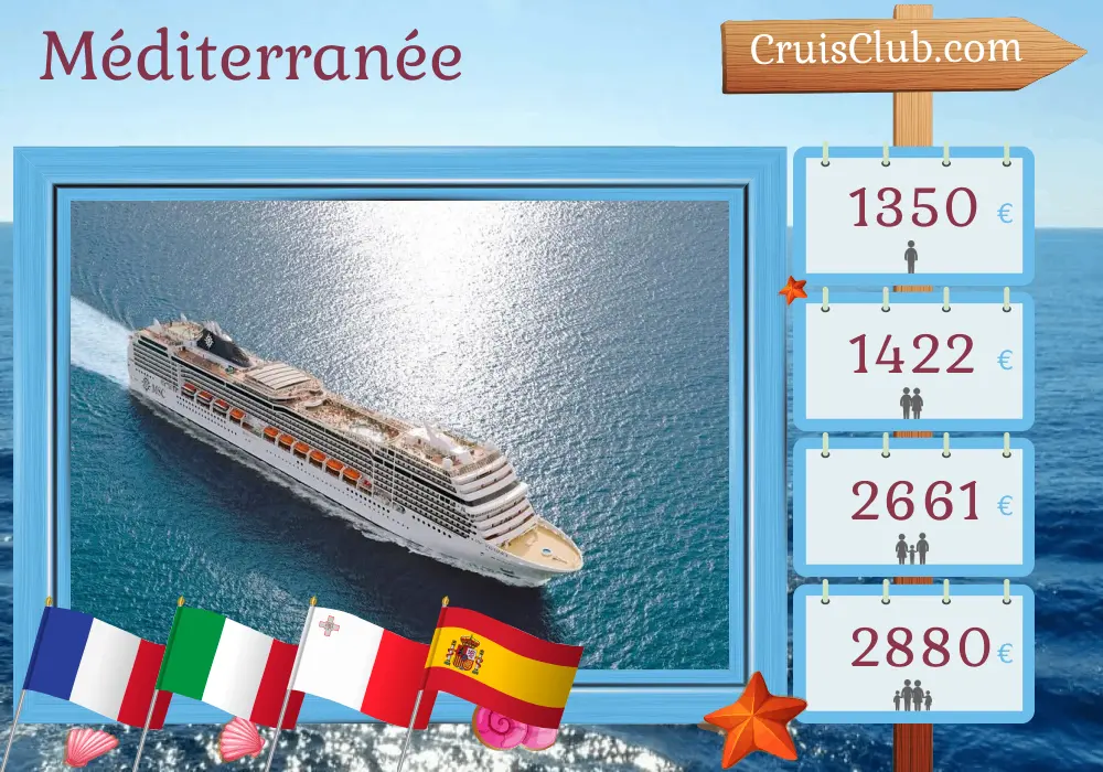 Croisière en Méditerranée de Marseille à Barcelone à bord du navire MSC Magnifica avec des visites en France, en Italie, à Malte et en Espagne pendant 7 jours