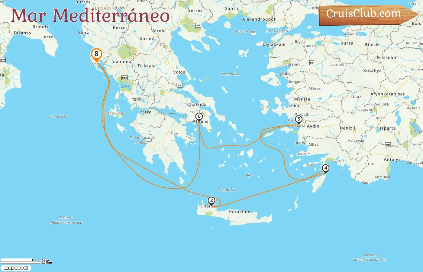 Crucero por el Mediterráneo desde Corfú a bordo del barco AIDAblu con visitas a Grecia y Turquía durante 8 días