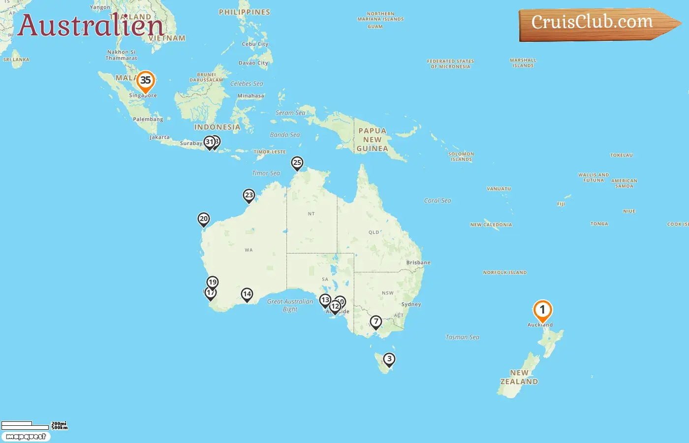 Kreuzfahrt in Australien von Auckland nach Singapur an Bord des Schiffes Silver Dawn mit Besuchen in Neuseeland, Australien, Indonesien und Singapur für 35 Tage