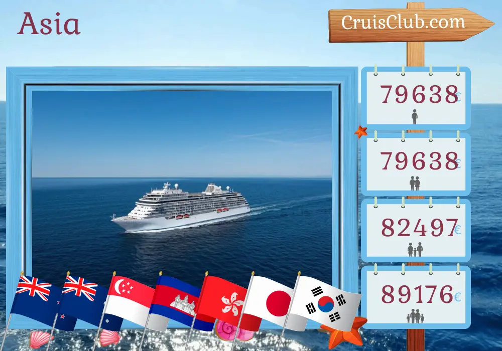 Crucero en Asia desde Auckland a Tokio a bordo del barco Seven Seas Explorer con visitas a Nueva Zelanda, Australia, Indonesia, Singapur, Tailandia, Camboya, Vietnam, Filipinas, Hong Kong, Taiwán, Japón, China y Corea del Sur durante 62 días