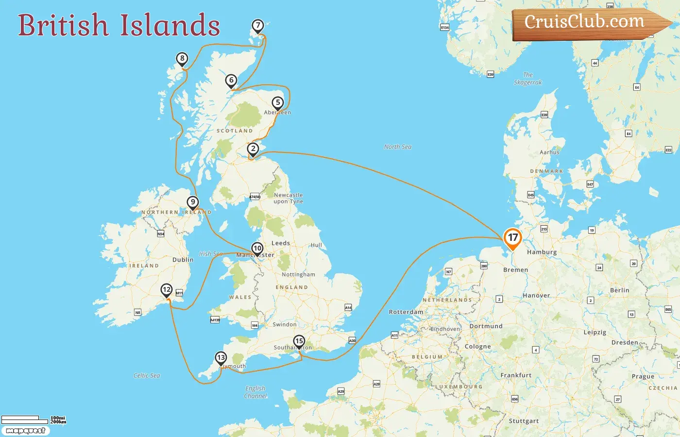 Kreuzfahrt in den britischen Inseln ab Bremerhaven an Bord des Schiffes Vasco da Gama mit Besuchen in Deutschland und Irland für 17 Tage