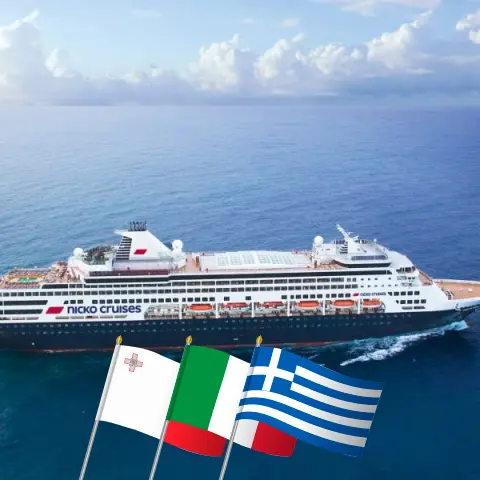 Cruise in the Mediterranean from Valletta to Piraeus aboard Vasco da Gama ship with visits to Malta, Italy, and Greece for 8 days