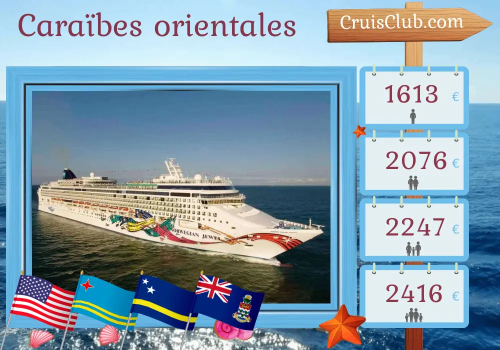 Croisière dans les Caraïbes de l`Est au départ de Tampa à bord du navire Norwegian Jewel avec des visites aux États-Unis, en République dominicaine, aux îles Vierges britanniques, à Aruba, à Curaçao et aux îles Caïmans pendant 12 jours