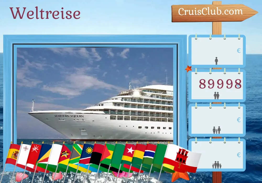 Kreuzfahrt in der Welttournee ab Barcelona an Bord des Schiffes Seabourn Sojourn mit Besuchen in Spanien, Tunesien, Malta, Israel, Ägypten, Oman, Seychellen, Tansania, Mayotte, Madagaskar, Mosambik, Südafrika, Namibia, Angola, Sao Tome und Principe, Togo, Ghana, Gambia, Senegal, Marokko und Gibraltar für 91 Tage