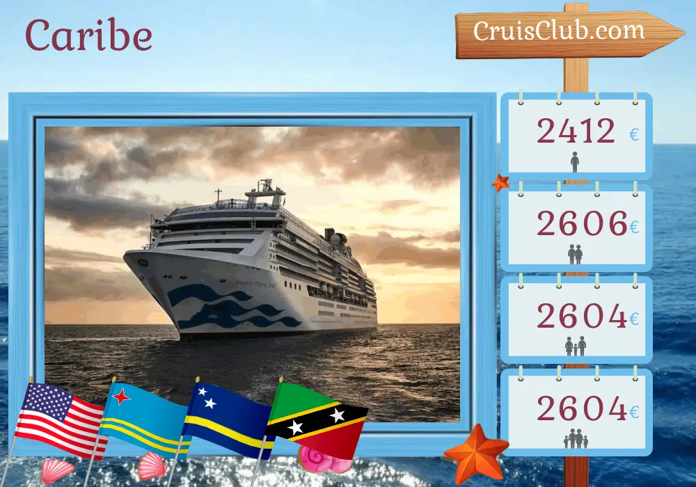 Cruzeiro no Caribe de Fort Lauderdale a Nova York a bordo do navio Island Princess com visitas aos EUA, Aruba, Curaçao, São Cristóvão e Névis e Porto Rico por 12 dias