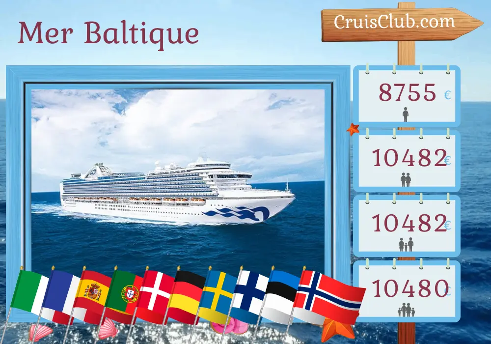 Croisière en mer Baltique de Civitavecchia à Southampton à bord du navire Emerald Princess avec des visites en Italie, en France, en Espagne, à Gibraltar, au Portugal, au Danemark, en Allemagne, en Suède, en Finlande, en Estonie et en Norvège pendant 24 jours