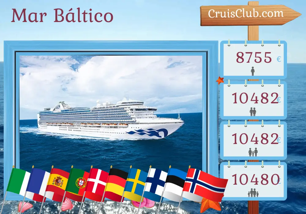 Cruzeiro no Mar Báltico de Civitavecchia para Southampton a bordo do navio Emerald Princess, com visitas a Itália, França, Espanha, Gibraltar, Portugal, Dinamarca, Alemanha, Suécia, Finlândia, Estônia e Noruega por 24 dias