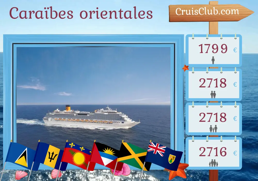 Croisière dans les Caraïbes de l`Est au départ de La Romana à bord du navire Costa Fascinosa avec des visites en République dominicaine, à Sainte-Lucie, à la Barbade, en Guadeloupe, dans les îles Vierges britanniques et en Jamaïque pendant 15 jours