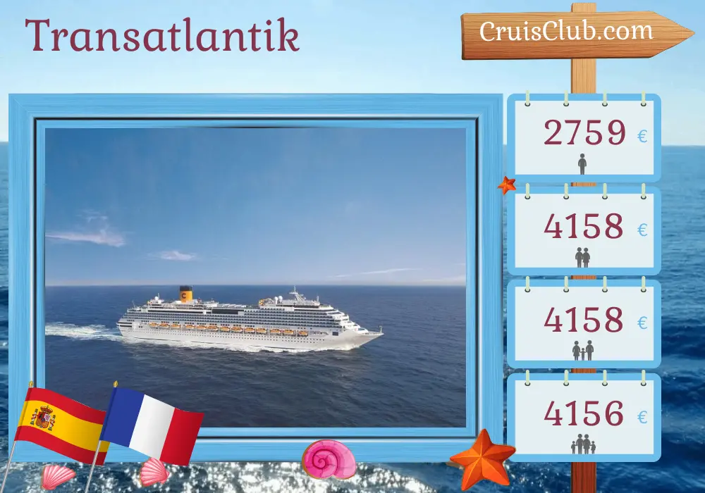 Kreuzfahrt auf dem Transatlantik von La Romana nach Marseille an Bord des Costa Fascinosa Schiffs mit Besuchen in der Dominikanischen Republik, Saint Lucia, Barbados, Guadeloupe, den Britischen Jungferninseln, Spanien und Frankreich für 22 Tage