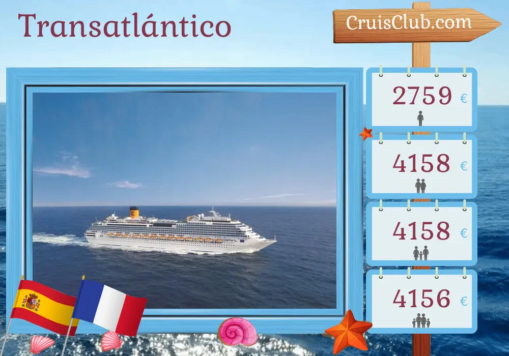 Travesía en el Transatlántico desde La Romana hasta Marsella a bordo del buque Costa Fascinosa con visitas a República Dominicana, Santa Lucía, Barbados, Guadalupe, Islas Vírgenes Británicas, España y Francia durante 22 días