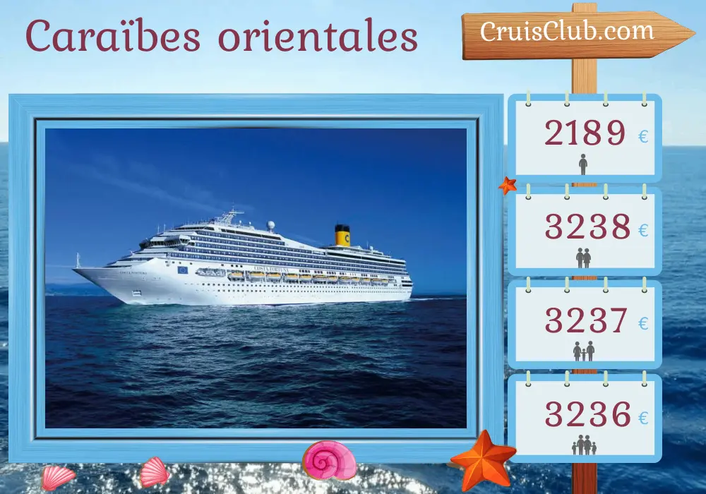 Croisière dans les Caraïbes de l`Est au départ de Pointe-à-Pitre à bord du navire Costa Fortuna avec des visites en Guadeloupe, à Trinité-et-Tobago, à Grenade, à Saint-Vincent-et-les-Grenadines, à la Barbade, en Martinique, aux Îles Vierges britanniques et à Sainte-Lucie pendant 15 jours